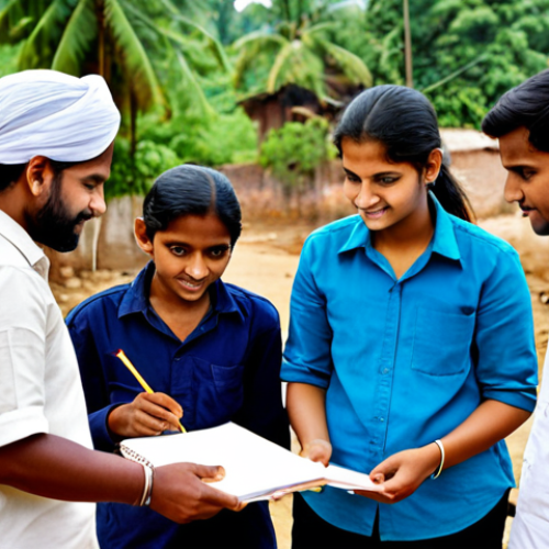 Home 11 A diverse group of young adult social work students, fully clothed in modest and professional field attire, actively engaging with adult community members in a vibrant Indian village setting. The students are respectfully listening, taking notes, and participating in a dialogue, demonstrating hands-on practical learning. The background shows local life and a community building. Professional photography, natural daylight, realistic style, appropriate content, safe for work, perfect anatomy, correct proportions, natural pose, well-formed hands, proper finger count, natural body proportions, high quality, professional.