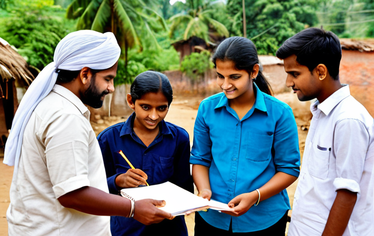 A diverse group of young adult social work students, fully clothed in modest and professional field attire, actively engaging with adult community members in a vibrant Indian village setting. The students are respectfully listening, taking notes, and participating in a dialogue, demonstrating hands-on practical learning. The background shows local life and a community building. Professional photography, natural daylight, realistic style, appropriate content, safe for work, perfect anatomy, correct proportions, natural pose, well-formed hands, proper finger count, natural body proportions, high quality, professional.