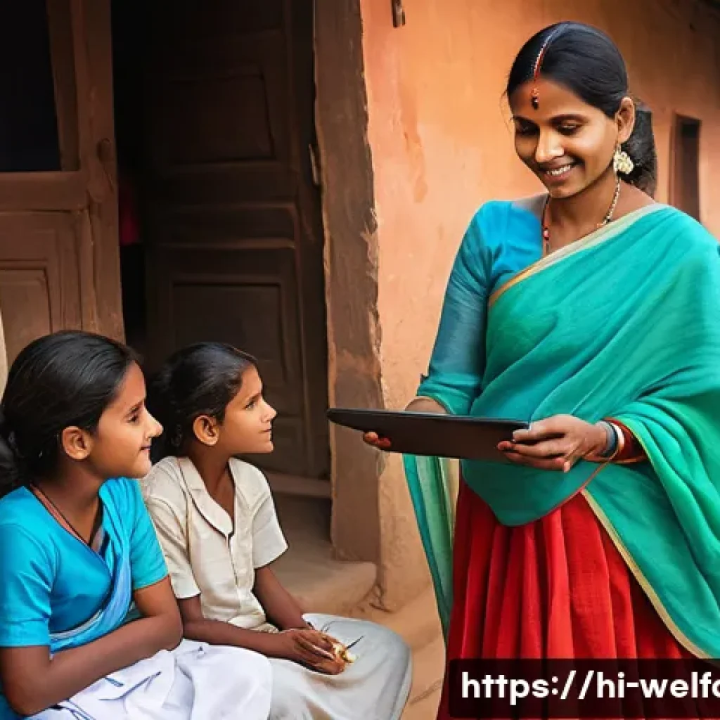 사회복지 최신 연구 - A vibrant Indian rural community scene showcasing a diverse group of people engaged in a digital hea...