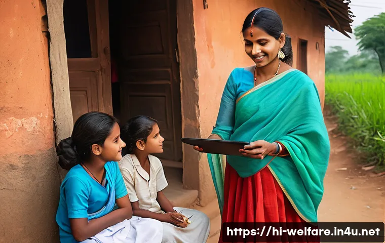 사회복지 최신 연구 - A vibrant Indian rural community scene showcasing a diverse group of people engaged in a digital hea...