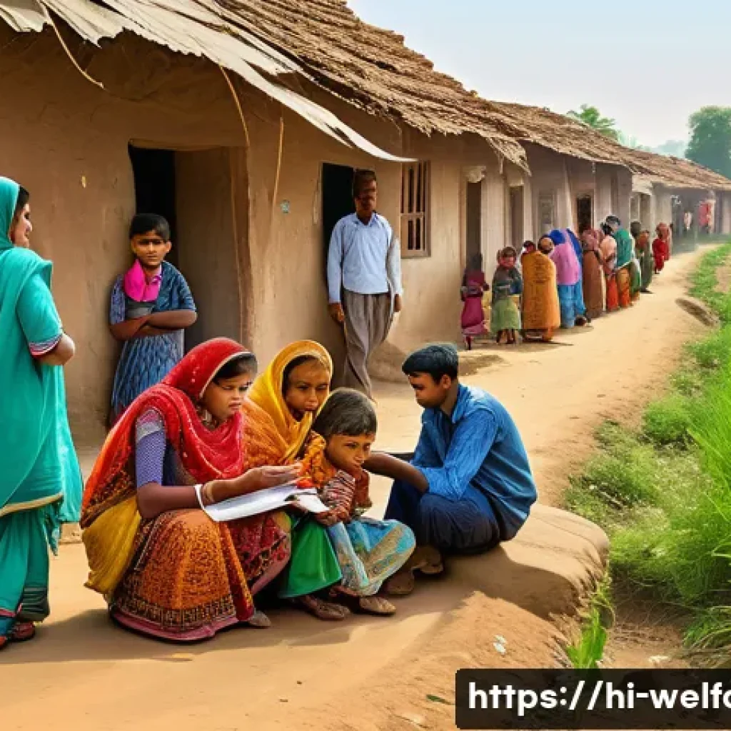 사회복지 법률 개정 이슈 - A vibrant rural Indian village scene showing a diverse group of economically disadvantaged families ...