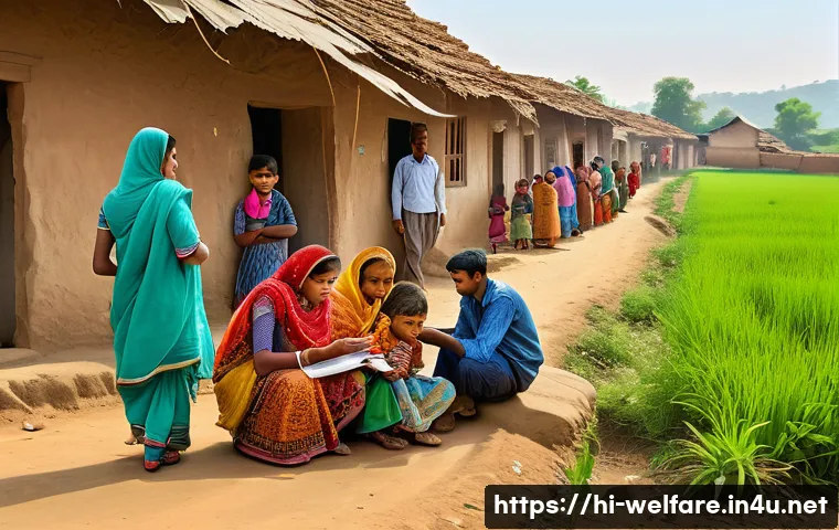 사회복지 법률 개정 이슈 - A vibrant rural Indian village scene showing a diverse group of economically disadvantaged families ...