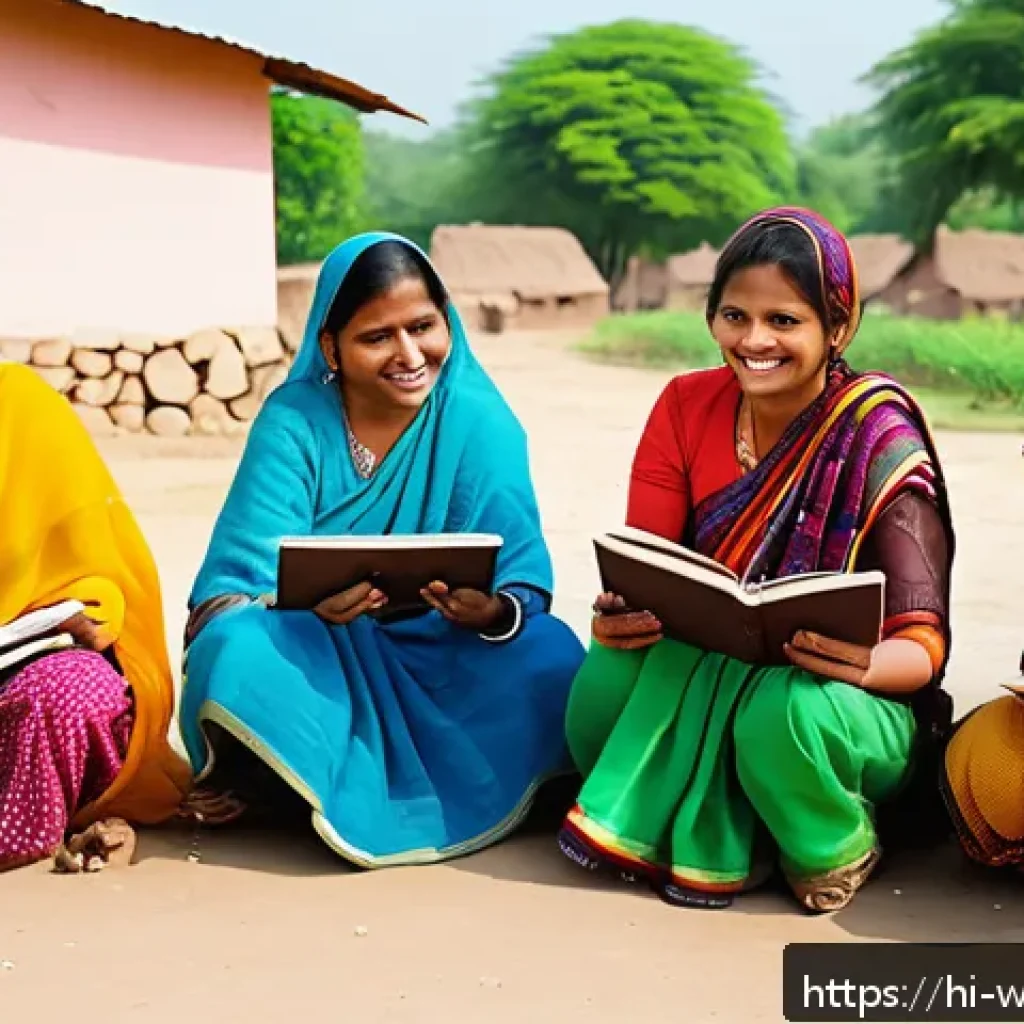 사회복지 프로그램 효과성 - A vibrant rural Indian community scene showing women from a self-help group engaged in a training se...