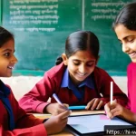 Home 21 사회복지 국제 기구 - A vibrant scene of a rural Indian classroom where children wearing colorful traditional clothing and...