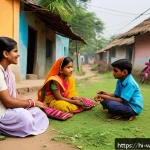 Home 20 사회복지 대학원 - A compassionate social worker engaging warmly with a diverse group of children in an outdoor communi...
