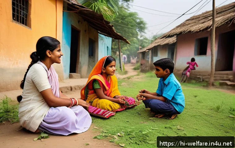 사회복지 대학원 - A compassionate social worker engaging warmly with a diverse group of children in an outdoor communi...