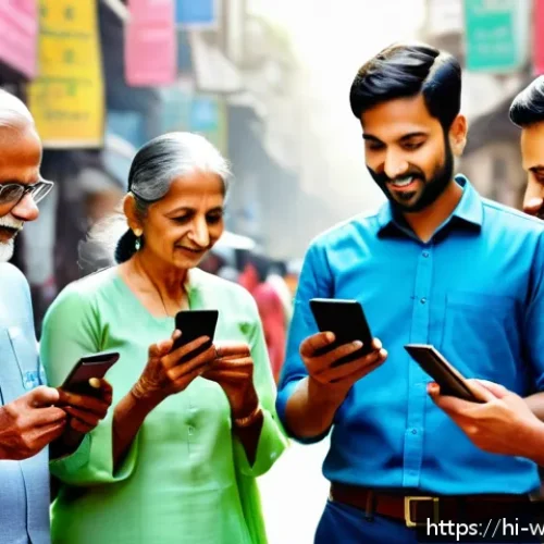 Home 31 사회복지 스마트 시티 - A vibrant urban scene showing diverse Indian citizens actively engaging with a digital community pla...