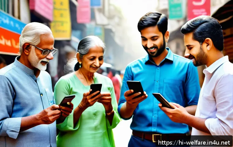사회복지 스마트 시티 - A vibrant urban scene showing diverse Indian citizens actively engaging with a digital community pla...