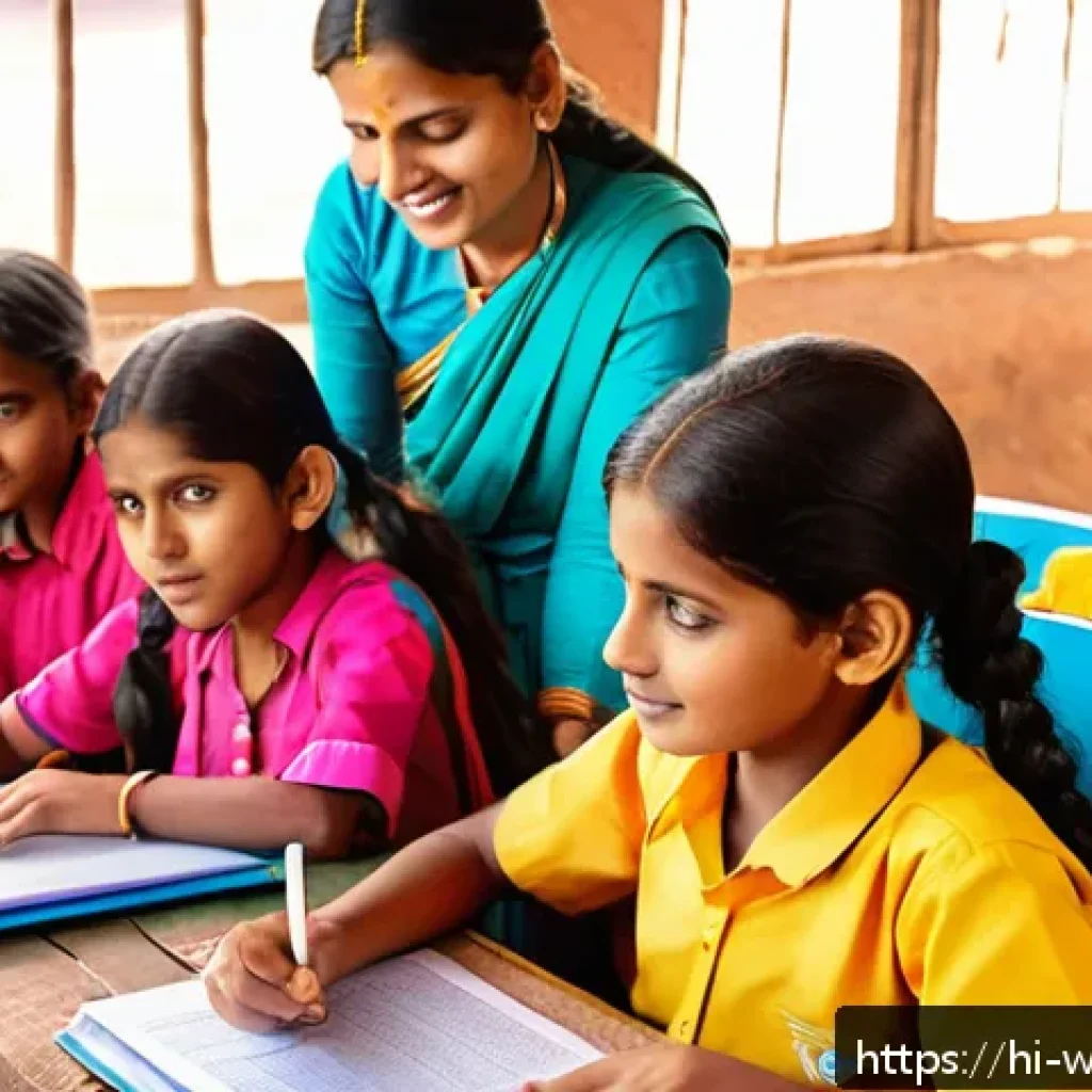 아동복지론 - A vibrant classroom scene in a rural Indian village with diverse children wearing colorful tradition...