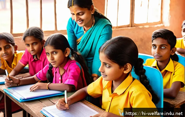 아동복지론 - A vibrant classroom scene in a rural Indian village with diverse children wearing colorful tradition...