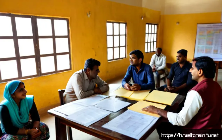 사회복지 지역사회 개발 - Photorealistic community development meeting in a bright Indian neighborhood center, a Hindi-speakin...